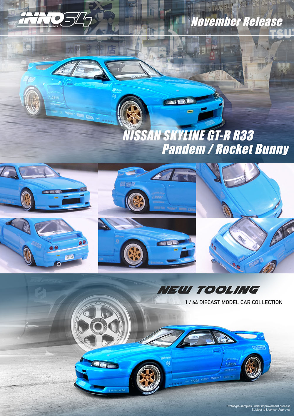 Inno64 Nissan Skyline GT-R R33 Pandem/ Rocket Bunny (Blue)