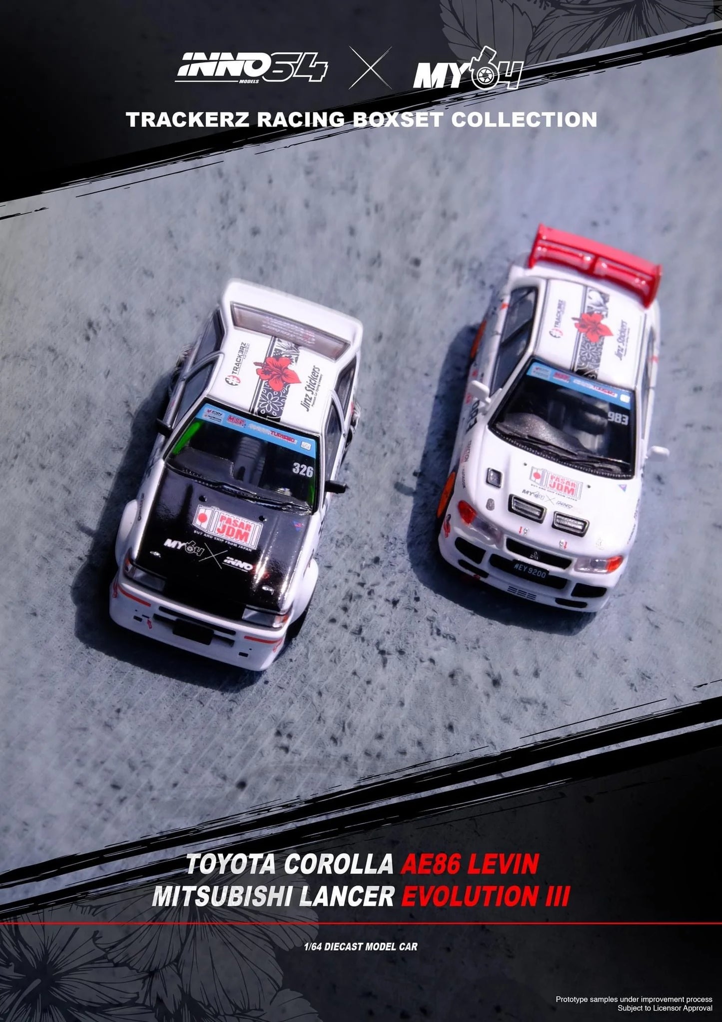 Inno64 1:64 Toyota Corolla AE86 Levin & Mitsubishi Lancer Evo III “Trackerz Racing” 2 Car Set Box