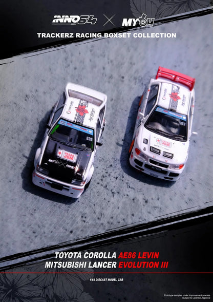 Inno64 1:64 Toyota Corolla AE86 Levin & Mitsubishi Lancer Evo III “Trackerz Racing” 2 Car Set Box