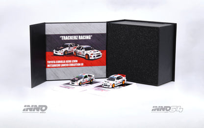 INNO64 1/64 TOYOTA COROLLA AE86 LEVIN AND MITSUBISHI LANCER EVOLUTION III TRACKERZ RACING BOX SET