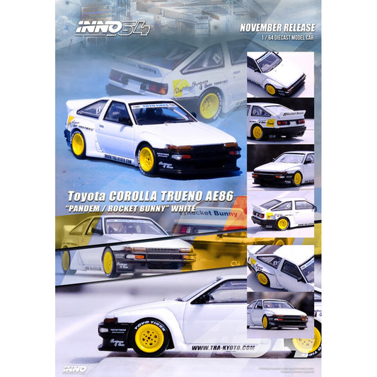 INNO64 1/64 TOYOTA COROLLA TRUENO AE86 PANDEM ROCKET BUNNY WHITE DIECAST SCALE MODEL CAR