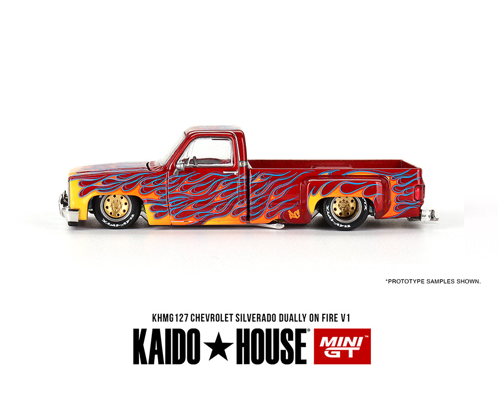 (Preorder) Kaido House x Mini GT 1:64 Chevrolet Silverado Dually on Fire V1 – Red with Flames