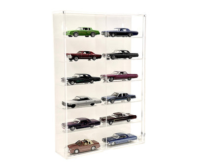 Showcase 1:64 12-Car Display Case Wall Mount Plastic White Back Version With Cover (8.5″ x 2.64″ x 12.8″) – MiJo Exclusives