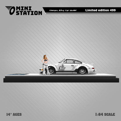 PORSCHE RWB 964 DUCKTAIL SAMURAI WHITE WITH FIGURE 1/64 SCALE DIECAST CAR MODEL BY MINI STATION