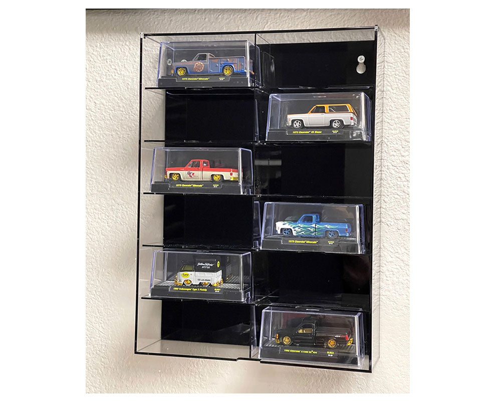 Showcase 1:64 12-Car Display Case Wall Mount Plastic Black Back Version With Cover (10.03″ x 3.03″ x 13.62″) – MiJo Exclusives