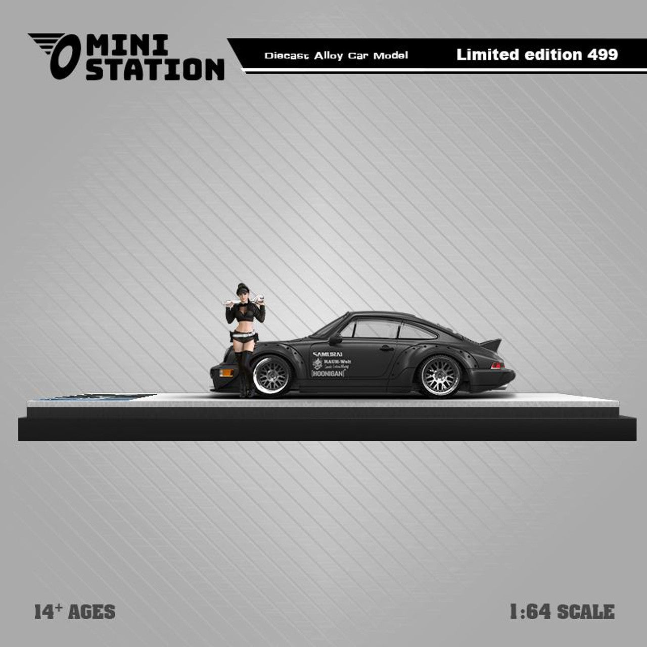 PORSCHE RWB 964 DUCKTAIL SAMURAI BLACK WITH FIGURE 1/64 SCALE DIECAST CAR MODEL BY MINI STATION