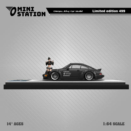 PORSCHE RWB 964 DUCKTAIL SAMURAI BLACK WITH FIGURE 1/64 SCALE DIECAST CAR MODEL BY MINI STATION