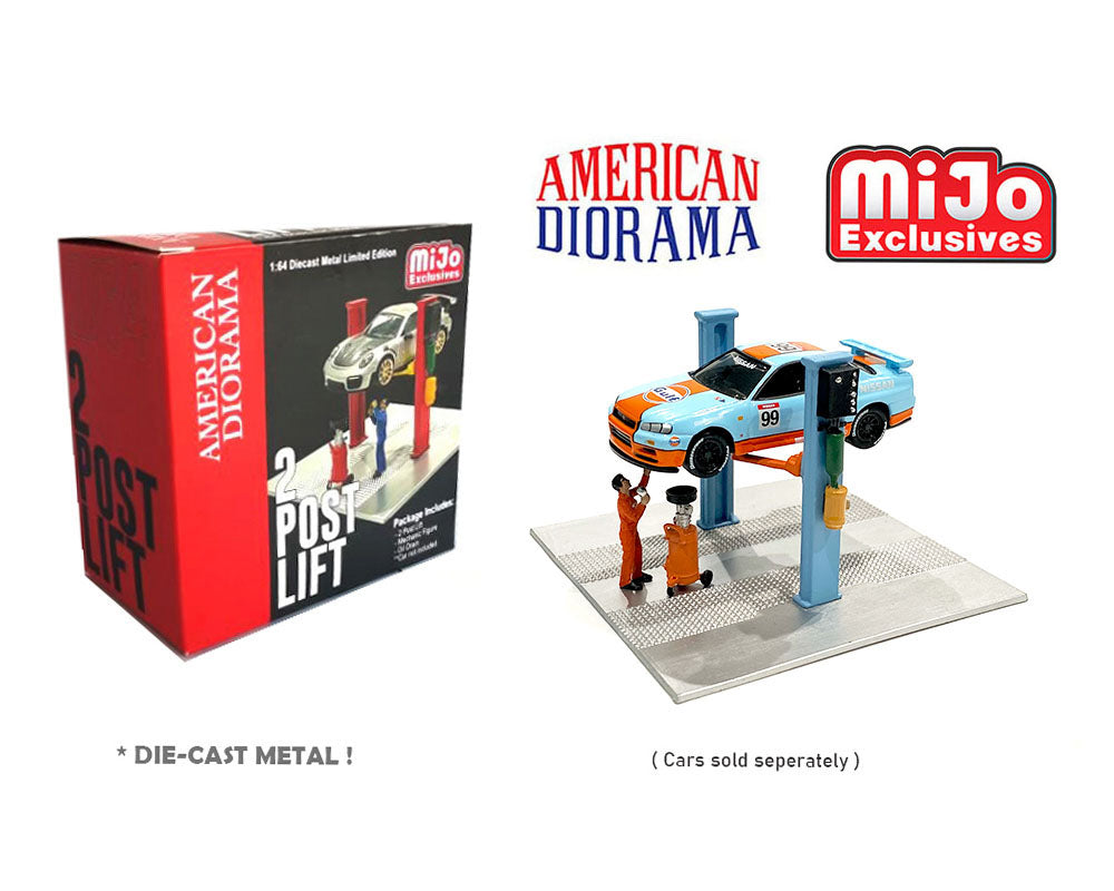 American Diorama 1:64 Mechanic Figure With 2 Post Lift with Oil Drain – Mijo Exclusives