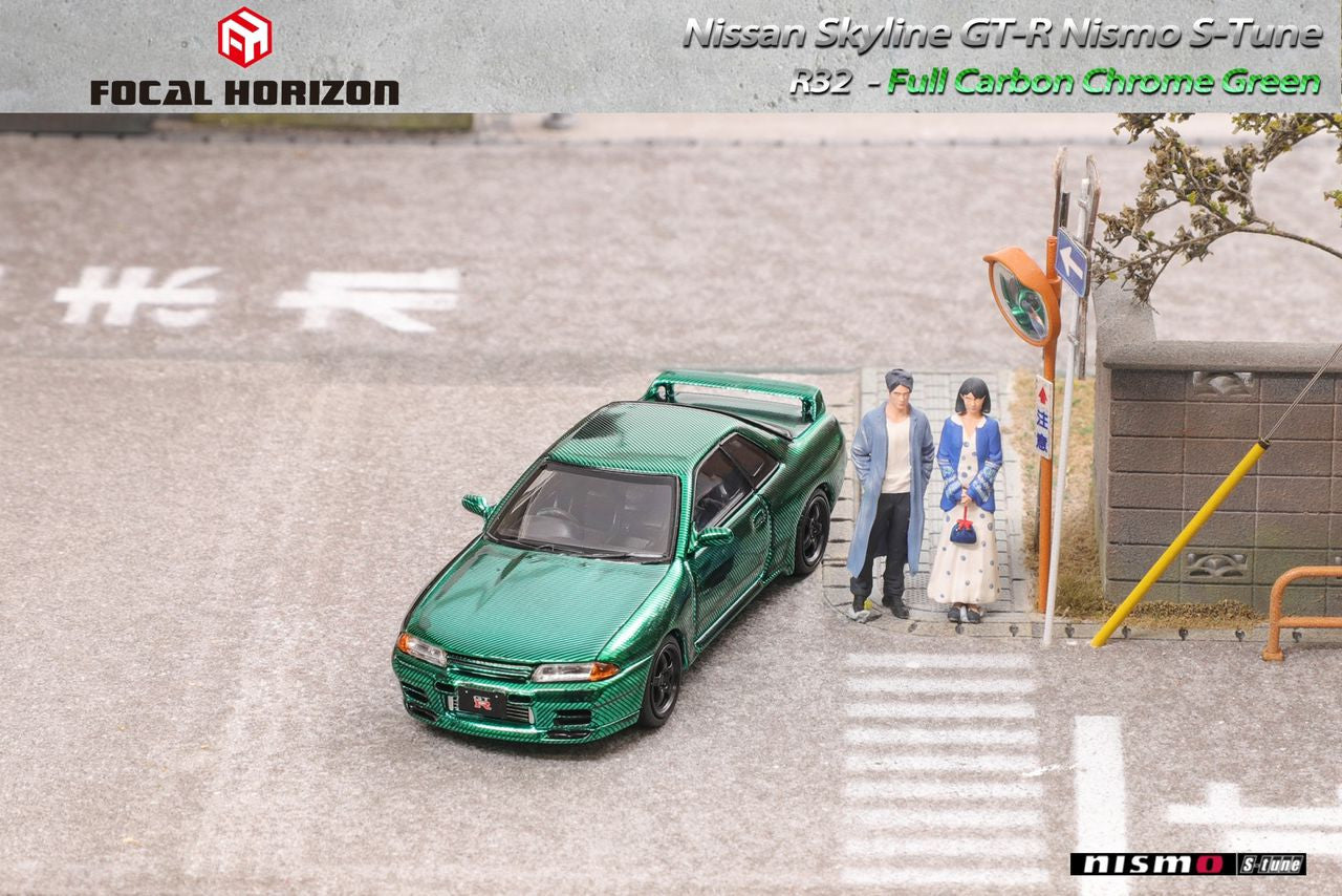 NISSAN SKYLINE GT-R R32 NISMO S-TUNE FULL CARBON FIBER CHROME GREEN HOOD OPENS 1/64 SCALE DIECAST CAR MODEL BY FOCAL HORIZON