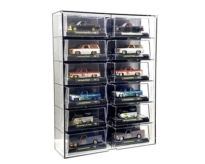 Showcase 1:64 12-Car Display Case Wall Mount Plastic Black Back Version With Cover (10.03″ x 3.03″ x 13.62″) – MiJo Exclusives