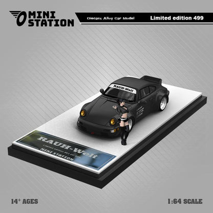 PORSCHE RWB 964 DUCKTAIL SAMURAI BLACK WITH FIGURE 1/64 SCALE DIECAST CAR MODEL BY MINI STATION