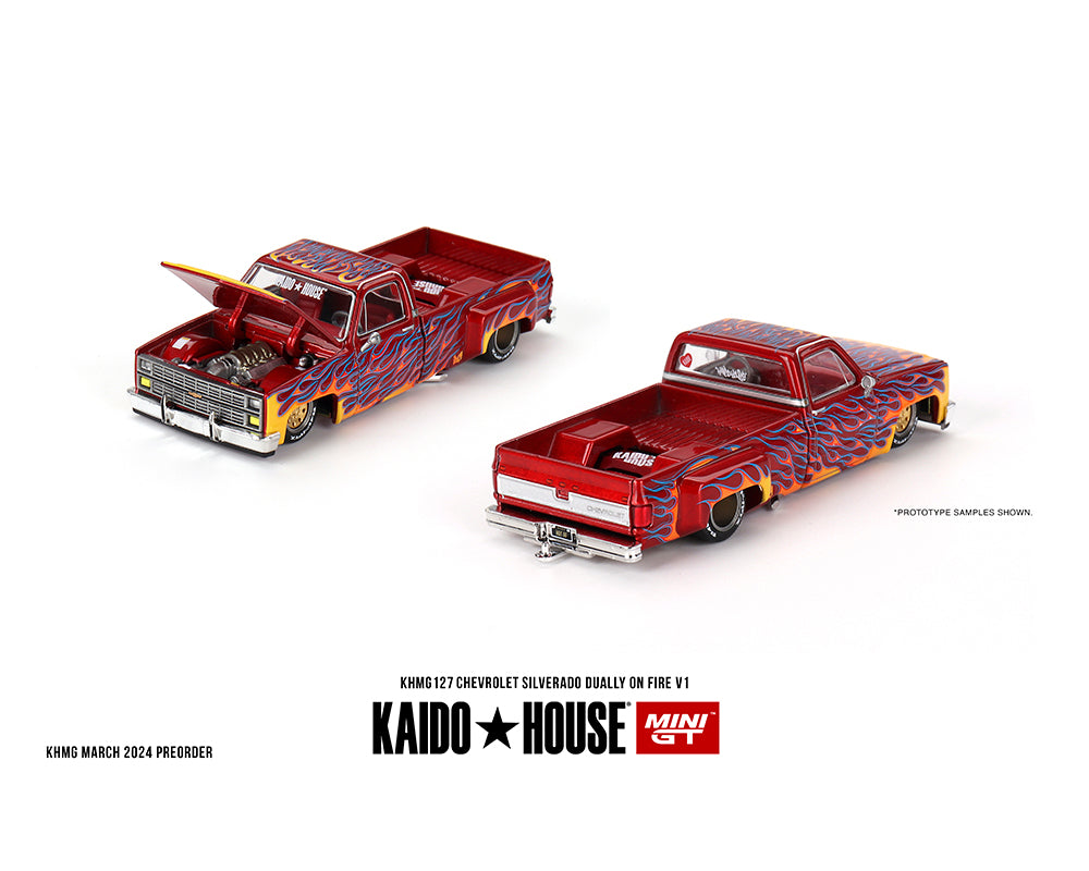 (Preorder) Kaido House x Mini GT 1:64 Chevrolet Silverado Dually on Fire V1 – Red with Flames