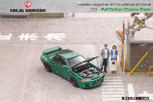 NISSAN SKYLINE GT-R R32 NISMO S-TUNE FULL CARBON FIBER CHROME GREEN HOOD OPENS 1/64 SCALE DIECAST CAR MODEL BY FOCAL HORIZON