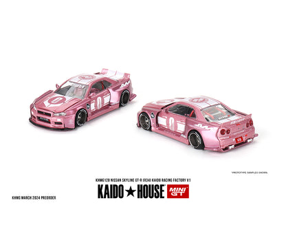 (Preorder) Kaido House x Mini GT 1:64 Nissan Skyline GT-R (R34) Kaido Racing Factory V1 – Pink