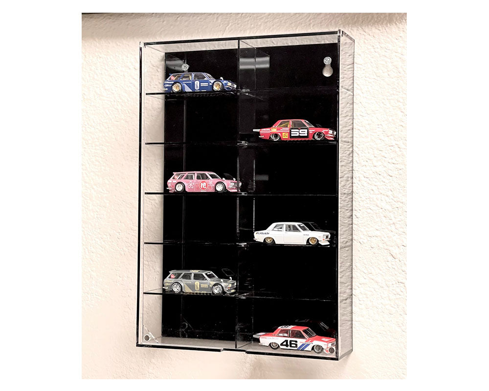 Showcase 1:64 12-Car Display Case Wall Mount Plastic Black Back Version With Cover (8.5″ x 2.64″ x 12.8″) – Mijo Exclusives