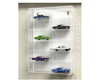 Showcase 1:64 12-Car Display Case Wall Mount Plastic White Back Version With Cover (8.5″ x 2.64″ x 12.8″) – MiJo Exclusives